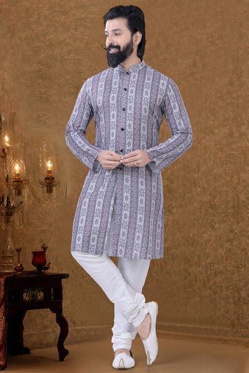 Sangeet Wear Cotton Fabric Grey Color Magnificent Kurta Pyjama