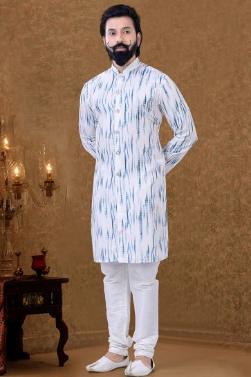 Cotton Fabric Traditional Look Vivacious Kurta Pyjama In White Color