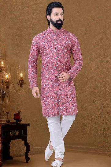 Cotton Fabric Traditional Look Mesmeric Kurta Pyjama In Pink Color