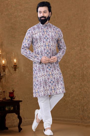 Cotton Fabric Traditional Look Wondrous Kurta Pyjama In Multi Color