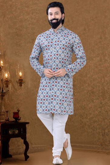 Cotton Fabric Sangeet Wear Luxurious Kurta Pyjama In Light Cyan Color