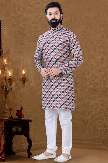 Multi Color Cotton Fabric Traditional Look Luminous Kurta Pyjama