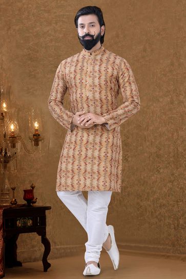 Cotton Fabric Traditional Look Vivacious Kurta Pyjama In Orange Color