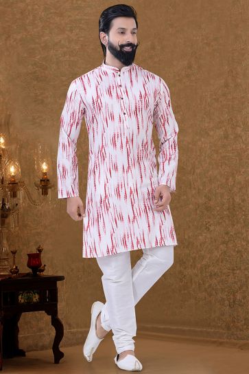 Cotton Fabric Traditional Look Mesmeric Kurta Pyjama In White Color