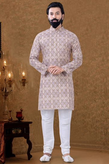 Cotton Fabric Sangeet Wear Wondrous Kurta Pyjama In Beige Color