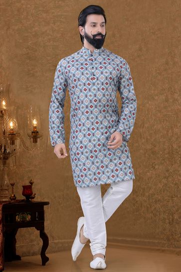 Cotton Fabric Sangeet Wear Vintage Kurta Pyjama In Light Cyan Color