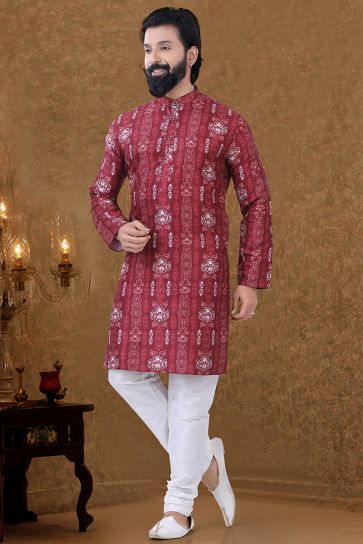 Cotton Fabric Sangeet Wear Luxurious Kurta Pyjama In Red Color