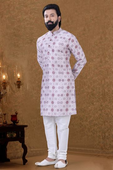 Cotton Fabric Sangeet Wear Mesmeric Kurta Pyjama In Cream Color