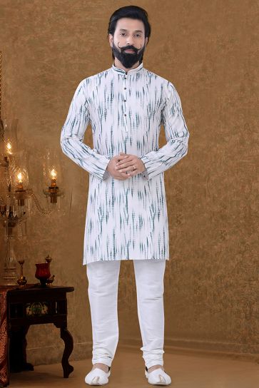 Cotton Fabric Traditional Look Wondrous Kurta Pyjama In White Color