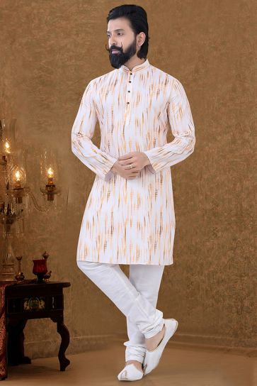 Cotton Fabric Luxurious Traditional Look Kurta Pyjama In White Color