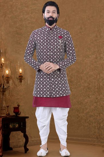 Cotton Fabric Sangeet Wear Vivacious Kurta Pyjama In Maroon Color
