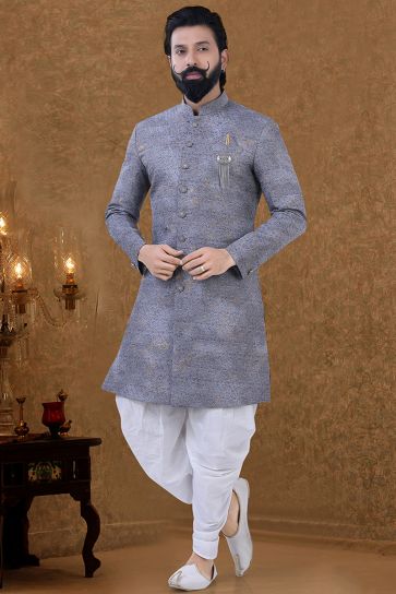 Grey Color Cotton Fabric Traditional Look Miraculous Indo Western