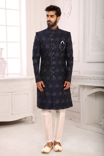 Stunning Navy Blue Color Indo Western For Men In Brocade Fabric