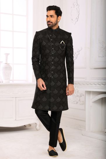 Fantastic Black Color Brocade Fabric Indo Western For Men
