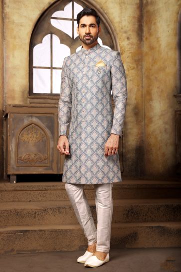 Attractive Blue Color Indo Western For Men In Brocade Fabric