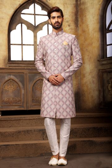 Enriching Pink Color Brocade Fabric Indo Western For Men