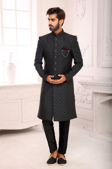Clasic Dark Grey Color Brocade Fabric Indo Western For Men