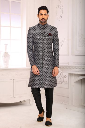 Fascinate Brocade Fabric Indo Western For Men In Grey Color