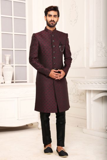 Remarkable Red Color Brocade Fabric Indo Western For Men