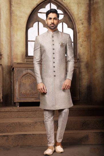 Grey Color Brocade Fabric Magnificent Indo Western For Men