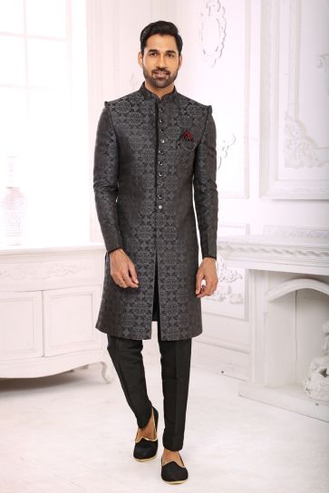 Grey Color Brocade Fabric Royal Indo Western For Men