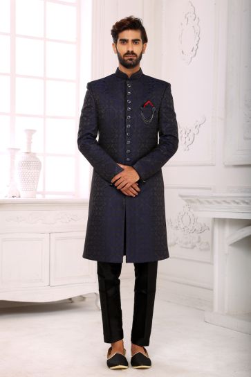 Navy Blue Color Provocative Indo Western For Men In Brocade Fabric