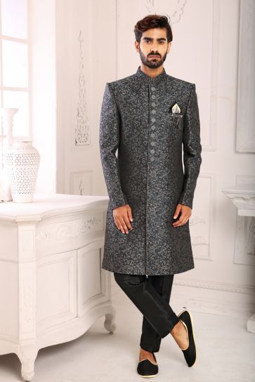 Engaging Dark Grey Color Brocade Fabric Indo Western For Men