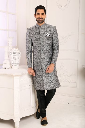 Enriching Grey Color Brocade Fabric Indo Western For Men