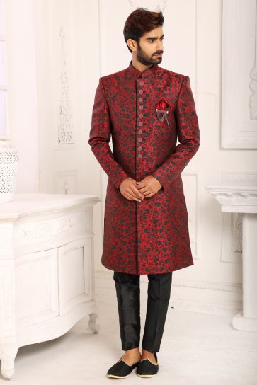 Extravagant Maroon Color Brocade Fabric Indo Western For Men