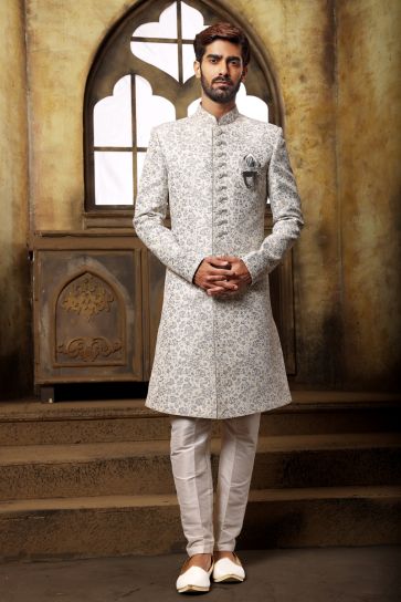 Adorning White Color Brocade Fabric Indo Western For Men