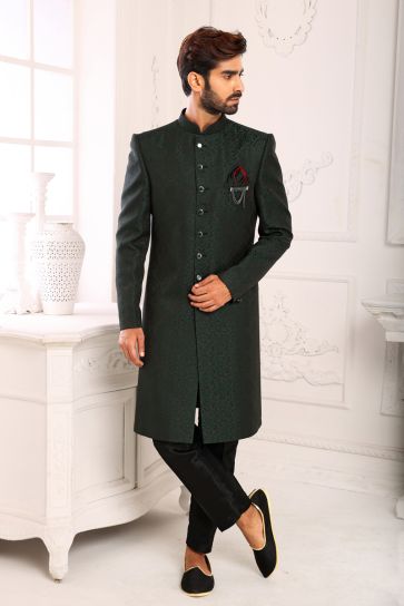 Appealing Dark Green Color Brocade Fabric Indo Western For Men