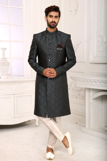 Fetching Brocade Fabric Indo Western For Men In Grey Color