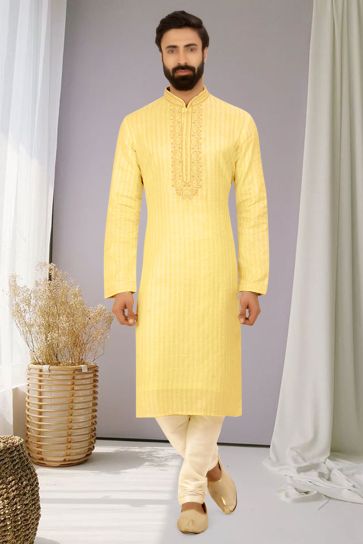 Yellow Color Reception Wear Readymade Jacquard Fabric Kurta Pyjama For Men
