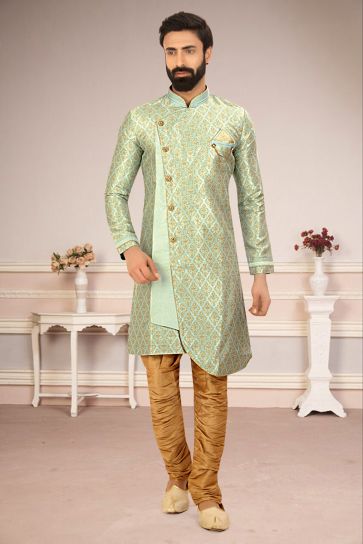 Festive Wear Readymade Indo Western For Men In Sea Green Jacquard Fabric