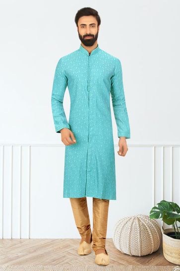 Sangeet Wear Readymade Kurta Pyjama For Men In Jacquard Cyan Color