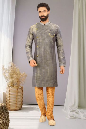 Grey Linen Fabric Sangeet Wear Trendy Readymade Indo Western For Men