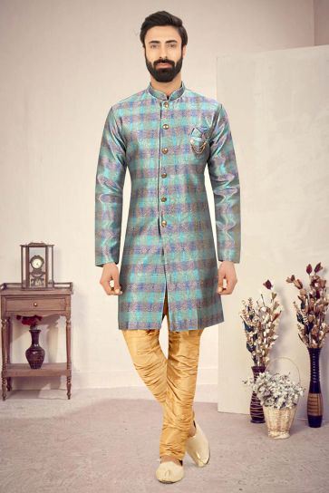 Jacquard Multi Color Wedding Wear Readymade Designer Men Indo Western