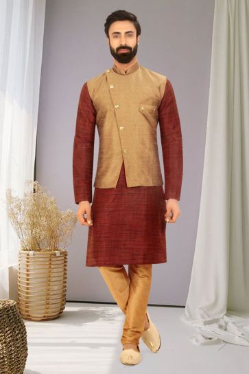 Stunning Maroon Color Function Wear Readymade Men Kurta Pyjama With Simple Jacket
