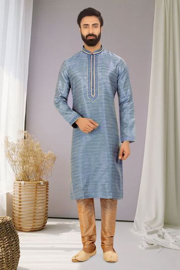 Reception Wear Attractive Readymade Men Kurta Pyjama In Blue Color