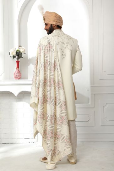 Silk Stunning White Color Wedding Wear Readymade Men Sherwani With Stole