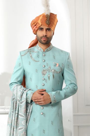 Silk Cyan Wedding Wear Readymade Lovely Sherwani For Men With Stole