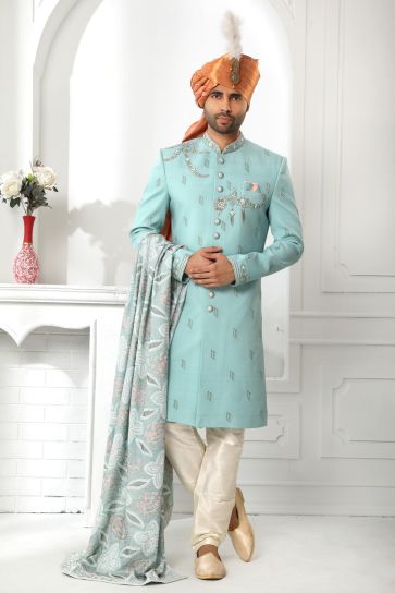 Silk Cyan Wedding Wear Readymade Lovely Sherwani For Men With Stole