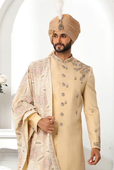 Pretty Silk Fabric Wedding Wear Readymade Men Sherwani In Beige Color With Stole