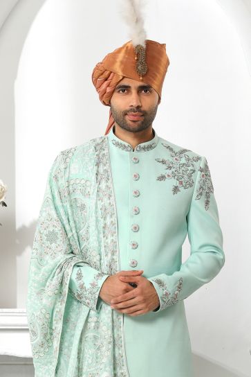 Beautiful Light Cyan Color Wedding Wear Readymade Sherwani For Men In Silk Fabric With Stole