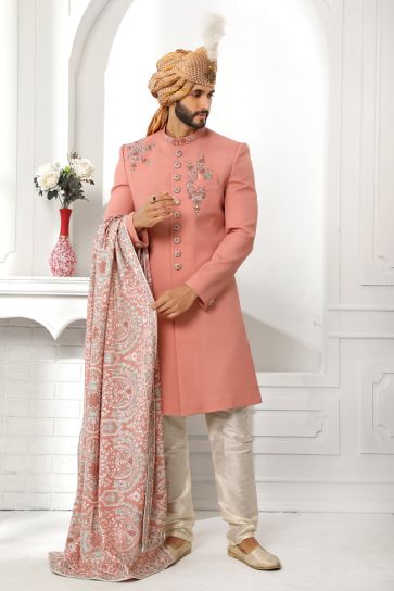 Silk Wedding Wear Attractive Readymade Men Sherwani In Pink Color With Stole