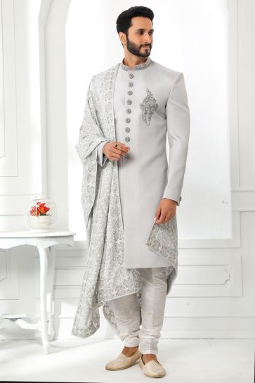 Grey Wedding Wear Readymade Glamorous Sherwani For Men In Silk Fabric With Stole