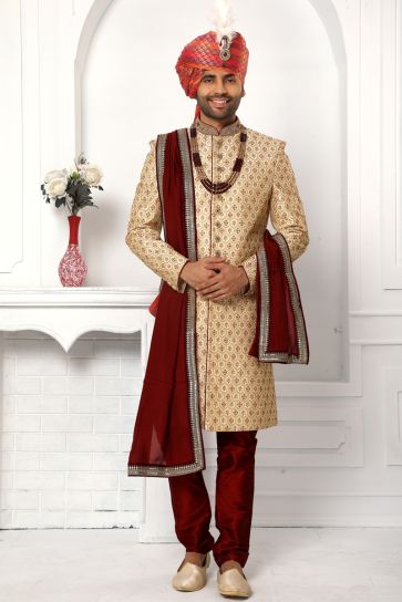 Cream Silk Fabric Graceful Readymade Men Sherwani For Wedding Wear With Stole