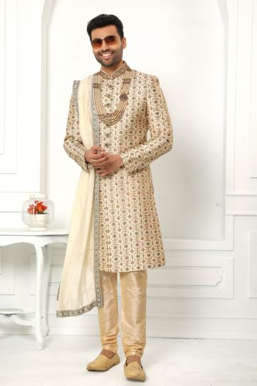 Beige Silk Fabric Magnificent Readymade Men Sherwani For Wedding Wear With Stole
