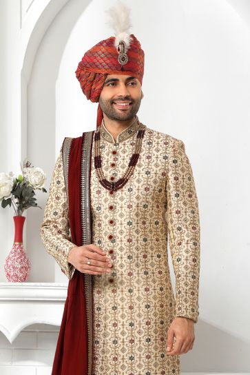 Silk Beige Artistic Magnificent Readymade Men Sherwani For Wedding Wear-With Stole