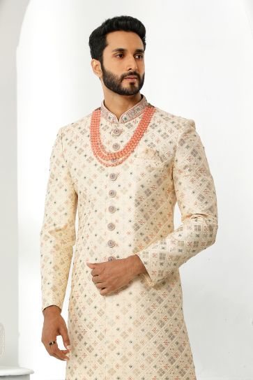 Beige Color Silk Fabric Heavy Embroidered Wedding Wear Designer Readymade Sherwani For Men